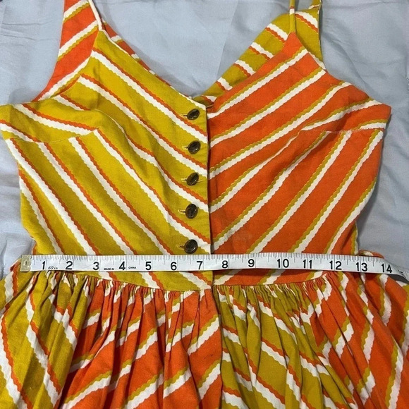 BOHEMIAN DRESS STRIPED ORANGE & YELLOW SLEEVELESS FIT FLAIR MIDI - Picture 6 of 11